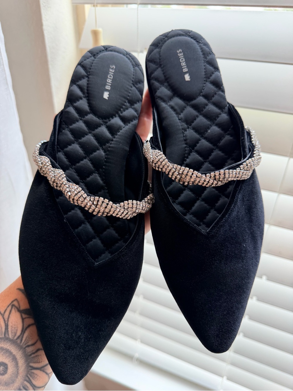 Birdies “The Swan” Black Quilted Mules with Crystal Chain Strap